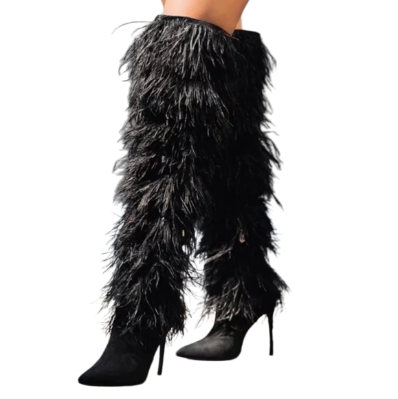Bella Niecelle Black Ostrich Feather Tall Boots Size 36 EU 6 US - Picture 4 of 5